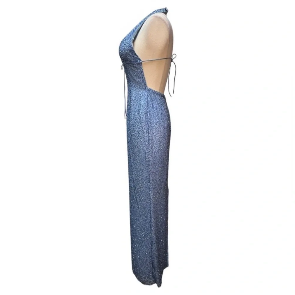 Vintage 90’s Y2K 100% Silk Dress Silk Slip Dress Mermaid Fairy Prom Blue Beaded - Picture 7 of 9